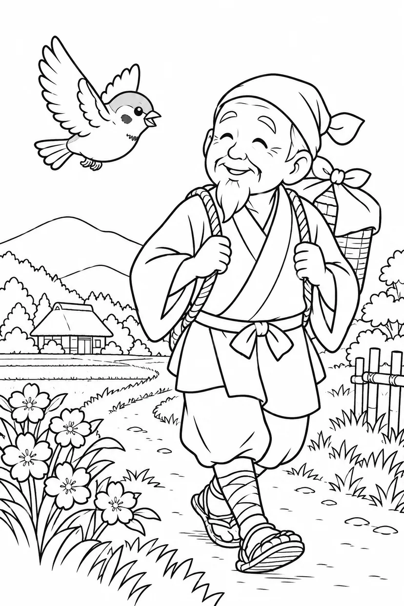 したきりすずめ：小さなつづらと帰り道の塗り絵