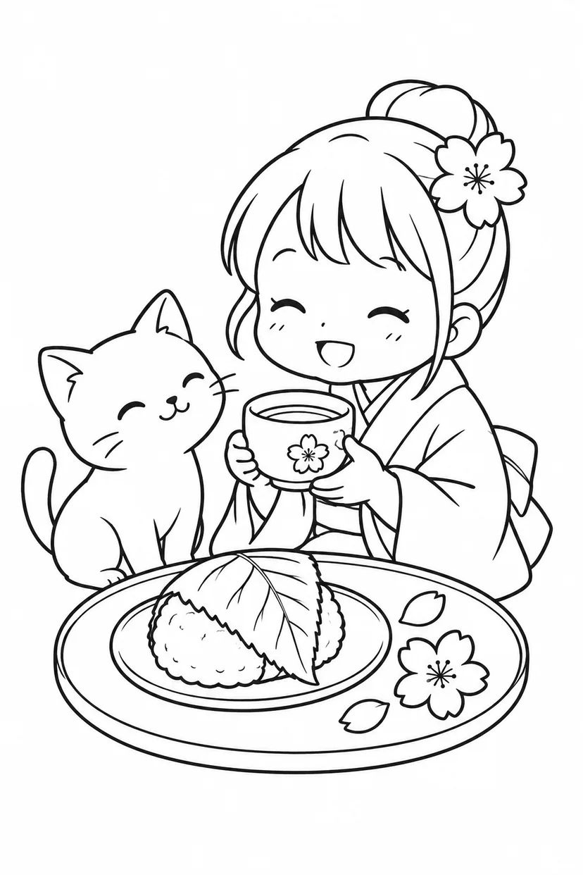 Desenho de Sakura mochi (bolinho de arroz) e uma tigelinha de chá para colorir