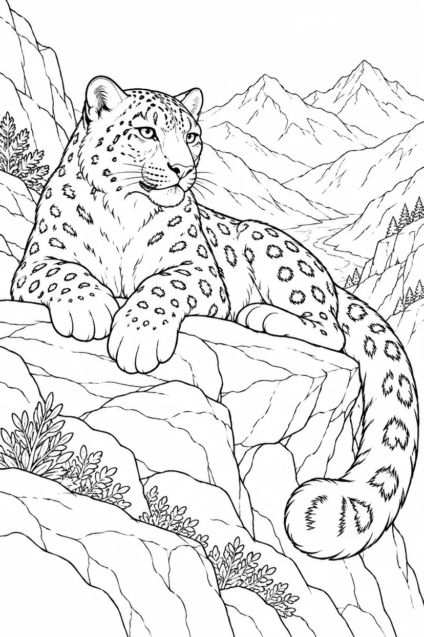 岩棚で休むユキヒョウの塗り絵