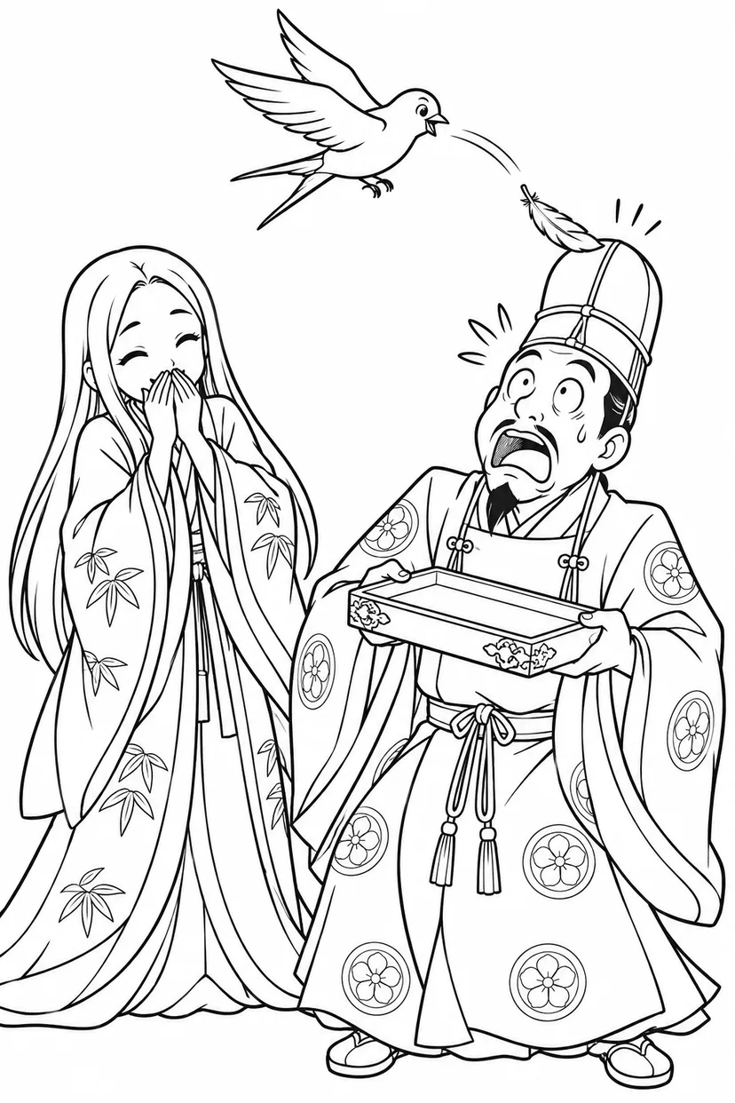 かぐや姫と燕の落としものの塗り絵