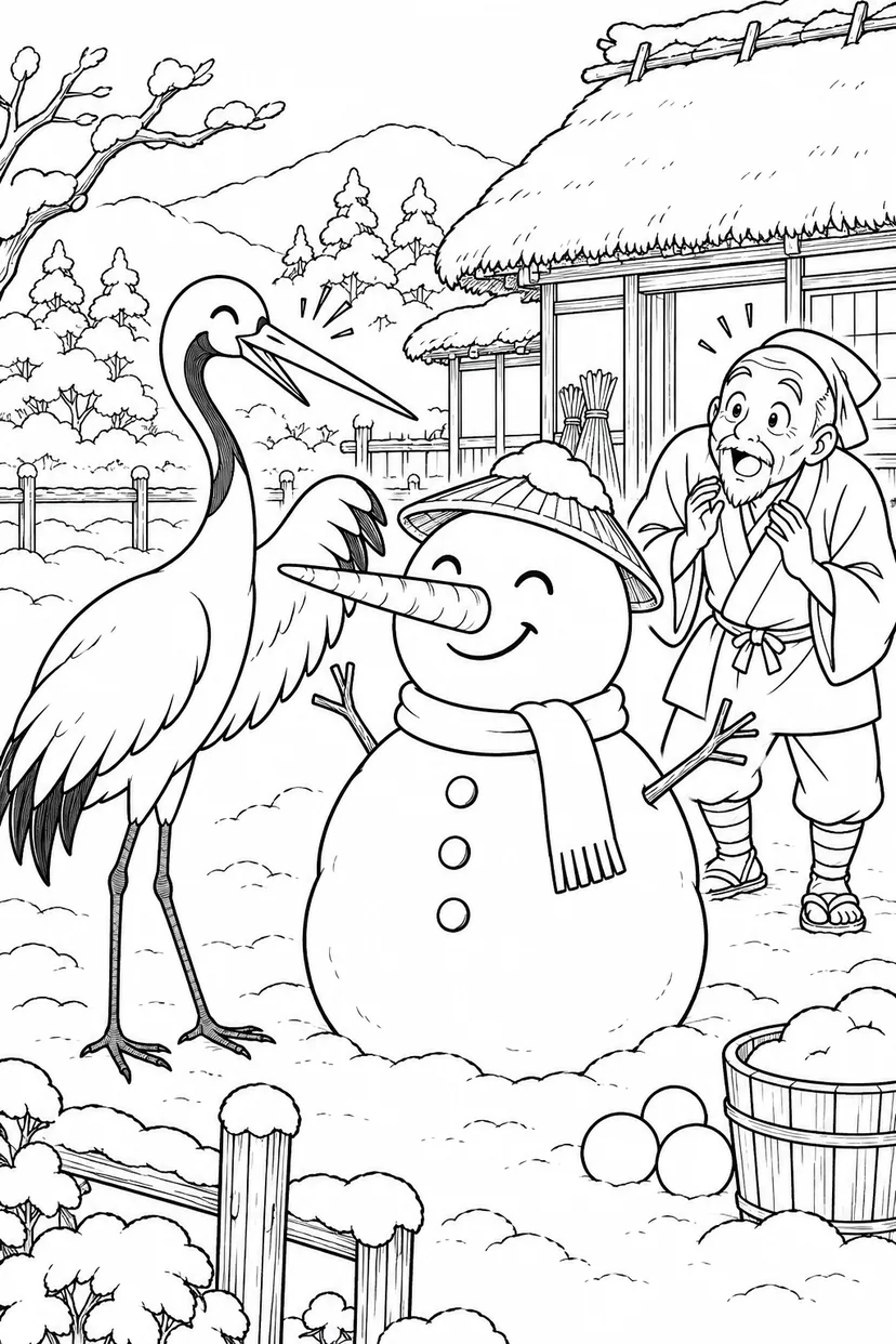 つるの恩返し：つるそっくりの雪だるまの塗り絵