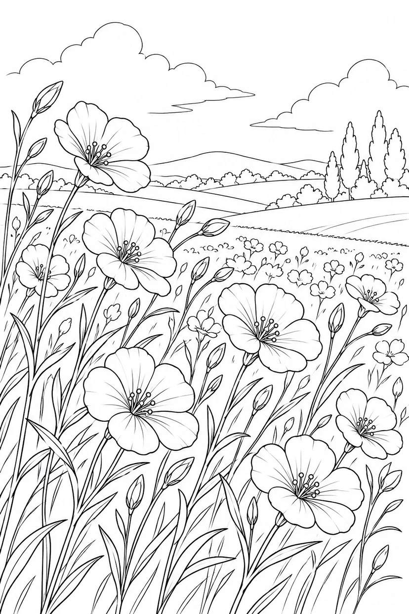 風に揺れる亜麻の畑の塗り絵