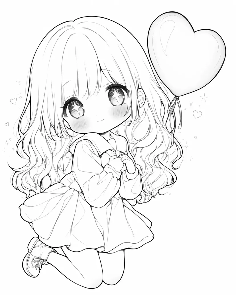 Desenho de Menina Fofa com Balão de Coração para colorir