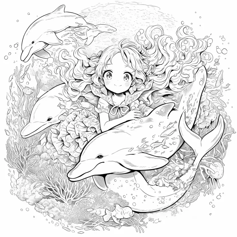 魔法の海の人魚とイルカの塗り絵