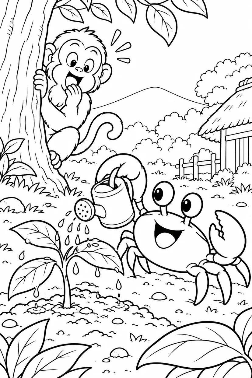 さるかに合戦 ギャグ：小さな柿の芽に水やりの塗り絵