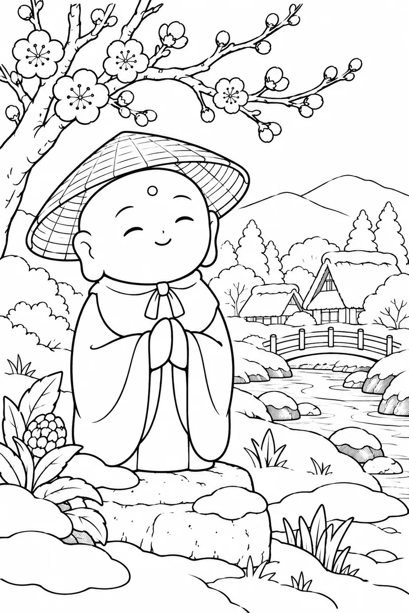 かさじぞう・梅のつぼみと笠地蔵の塗り絵
