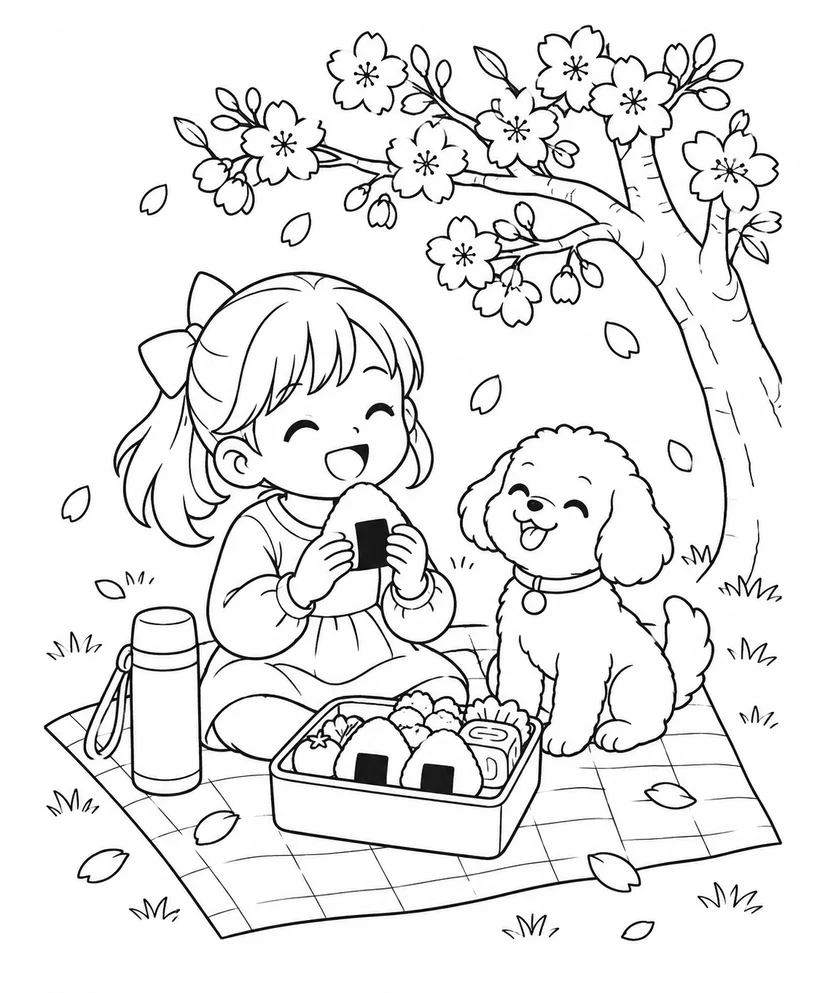 Desenho de Galhos de cerejeira e marmita do hanami para colorir
