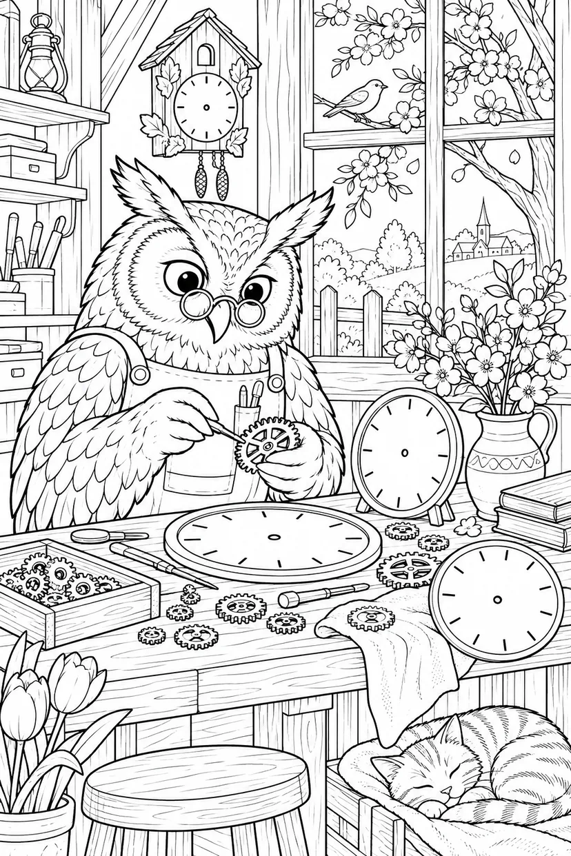 春のふくろうの時計工房の塗り絵