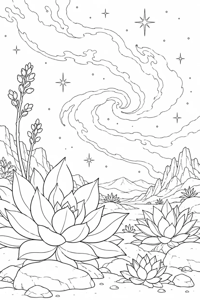 多肉植物の岩庭と星雲のゆらめきの塗り絵