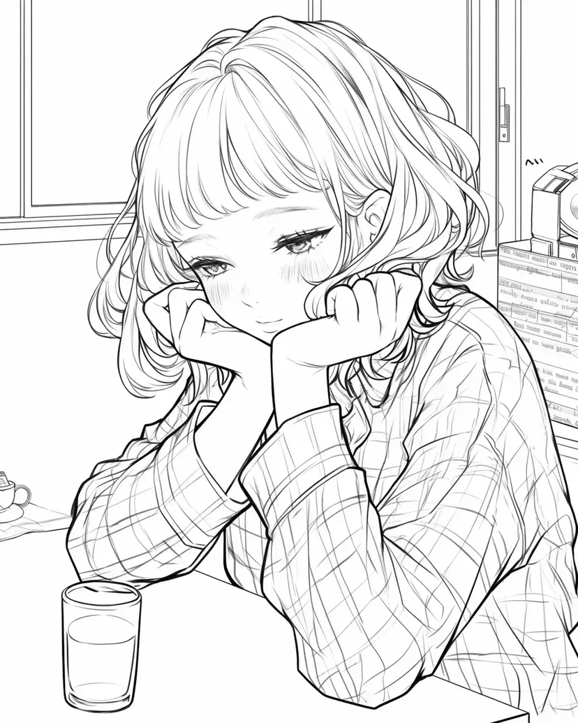 考え事をする少女の塗り絵