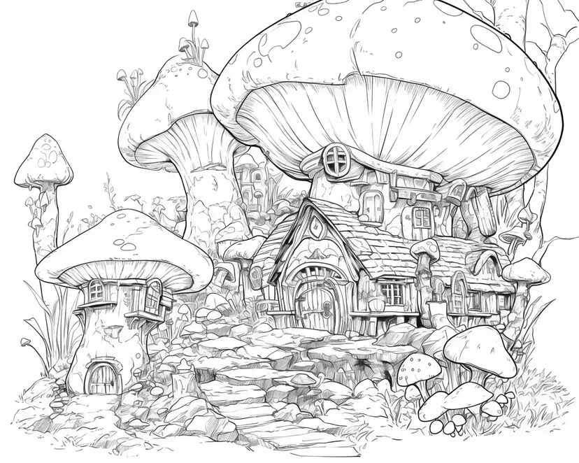 Dibujo de Casas de Hongos en el Bosque para colorear