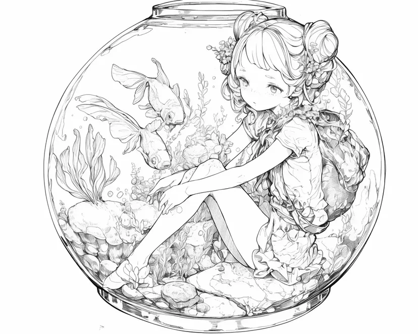 鱼缸中的女孩涂色页