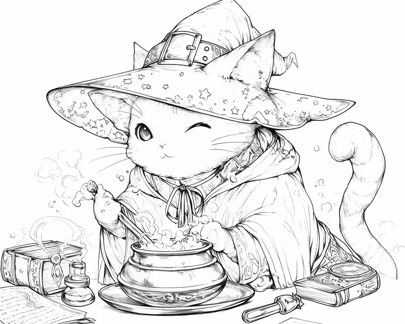 魔法猫的冒险涂色页