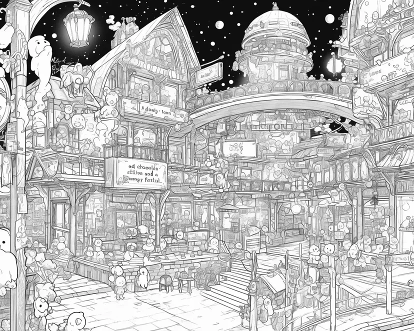 ファンタジーの街の夜景の塗り絵