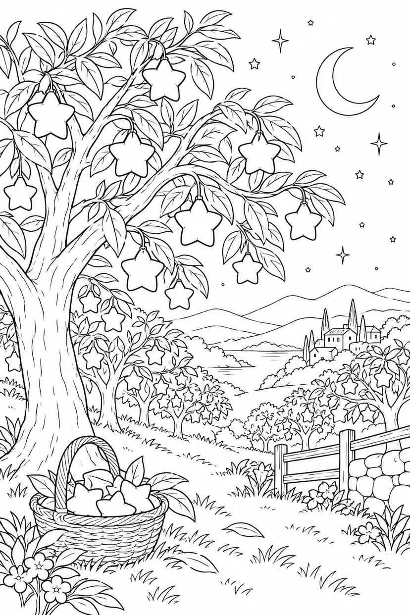星の実がなる夜の果樹園の塗り絵