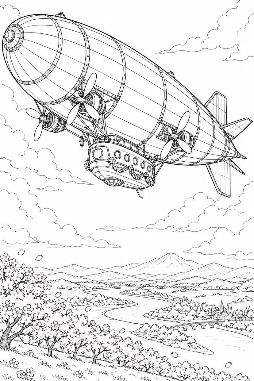 春の雲をめぐる飛行船の塗り絵