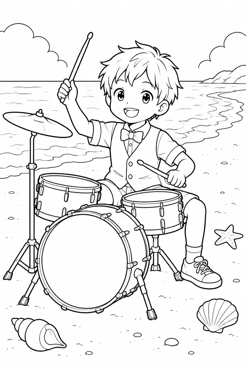 ドラムをたたくアイドル — 貝がらの入り江の塗り絵