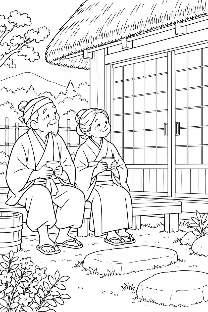 つるの恩返し：ふすまの前で待つふたりの塗り絵