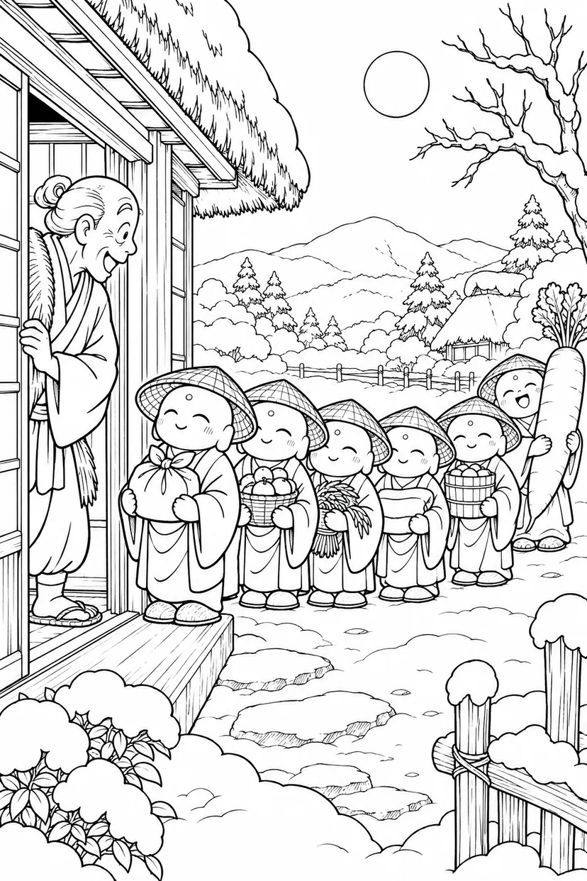 かさじぞう・おじいさんもびっくり行列の塗り絵