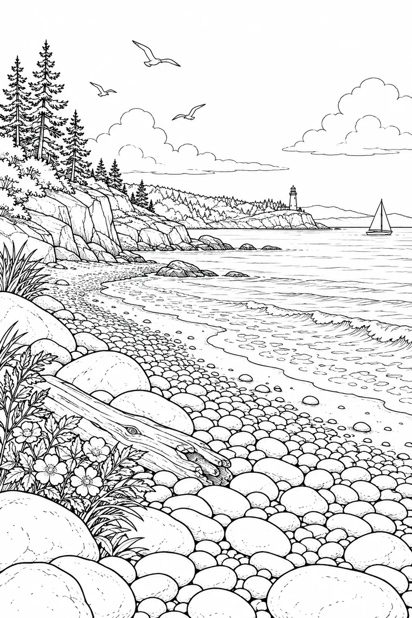 自然のひとこま：小石が並ぶ波打ち際の塗り絵