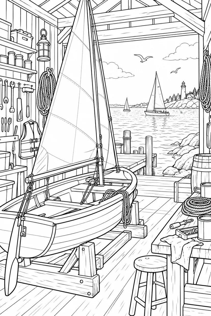 夏の小舟づくりの工房の塗り絵