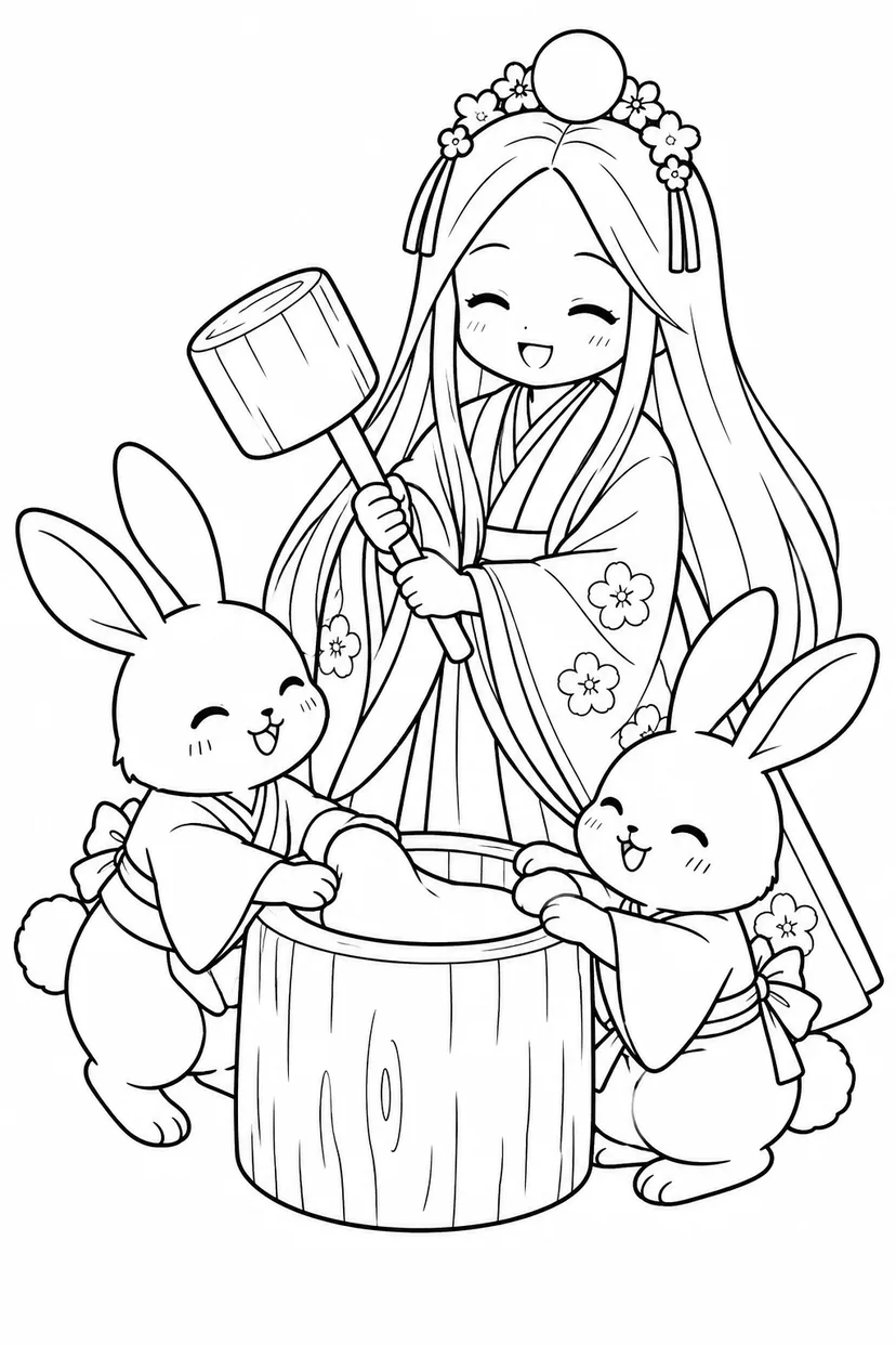 かぐや姫と月うさぎのおもちの塗り絵