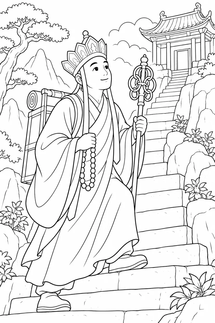 ほっこり西遊記：三蔵と山のお寺の塗り絵