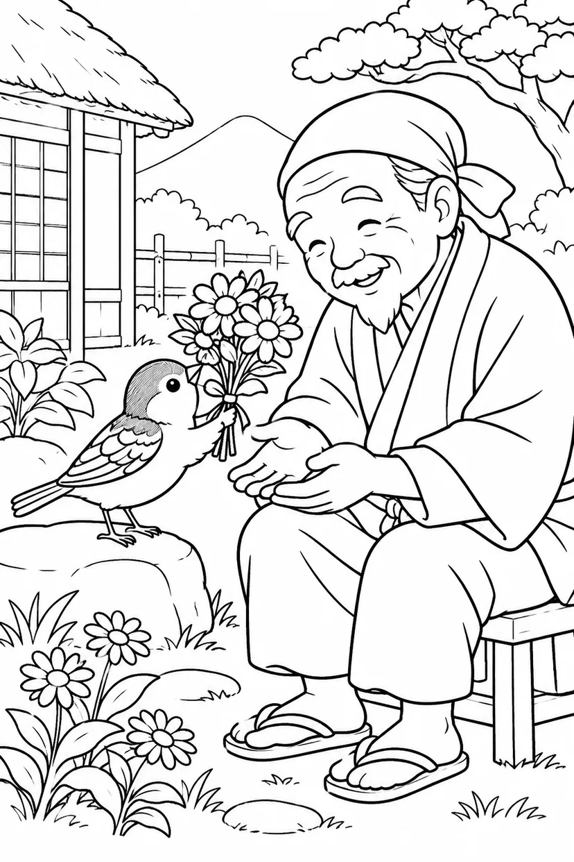 したきりすずめ：おじいさんへ野の花をどうぞの塗り絵