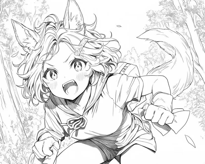 Desenho de Menina de Orelhas de Lobo Correndo na Floresta para colorir