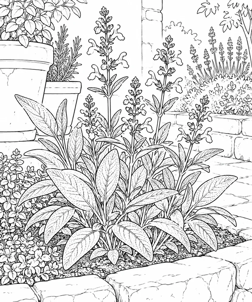 自然のひとこま：セージの葉と花の塗り絵