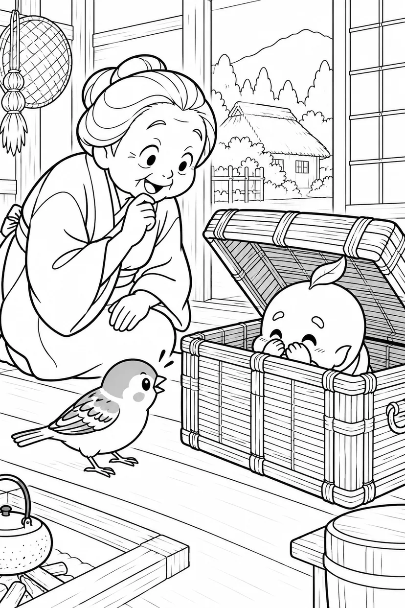 したきりすずめ：びっくりさせたい照れ屋のおばけの塗り絵