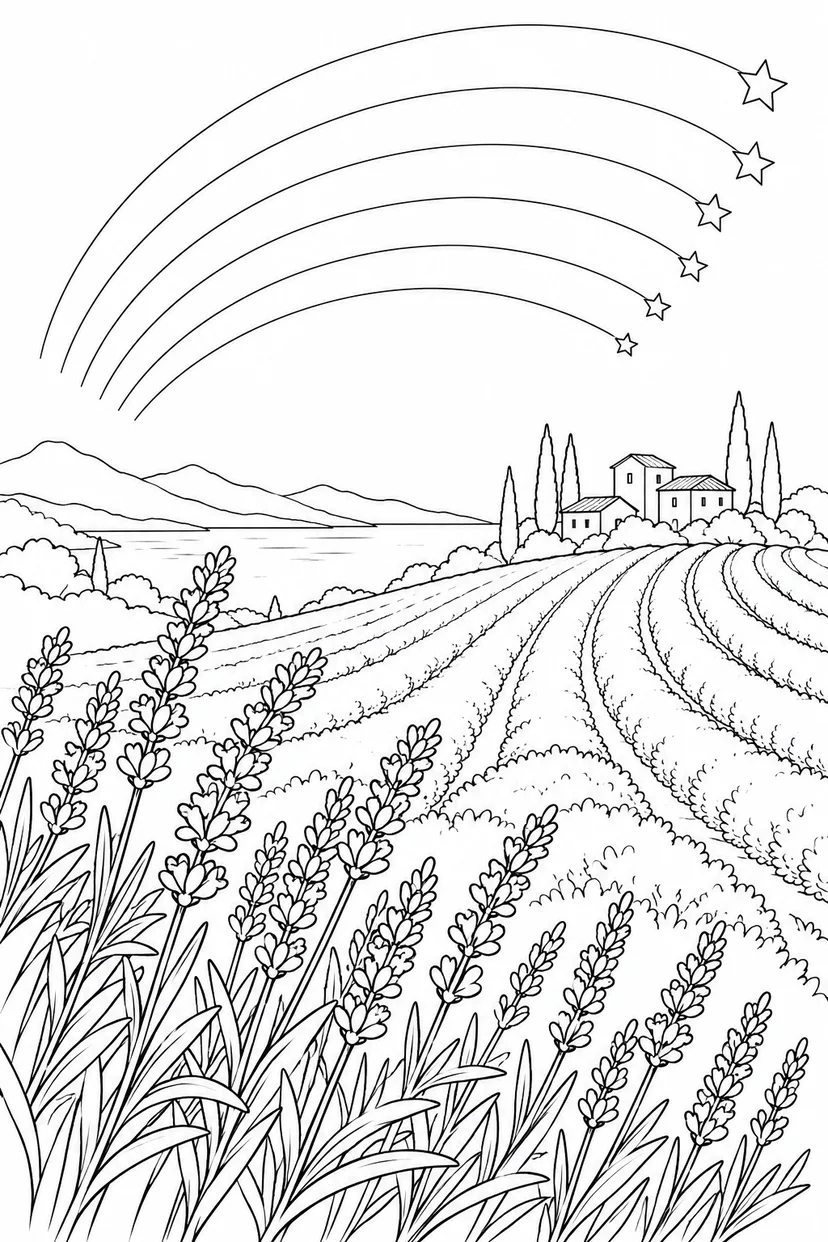 ラベンダーの丘と星の軌跡の塗り絵