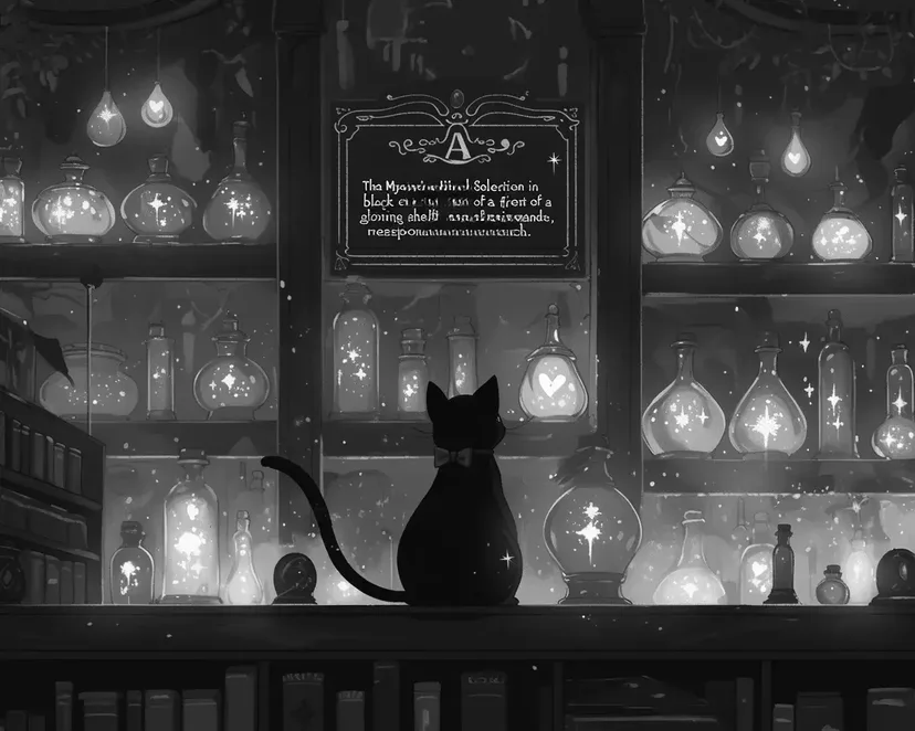 The Magical Black Cat and the Mysterious Potion Shelf coloring page