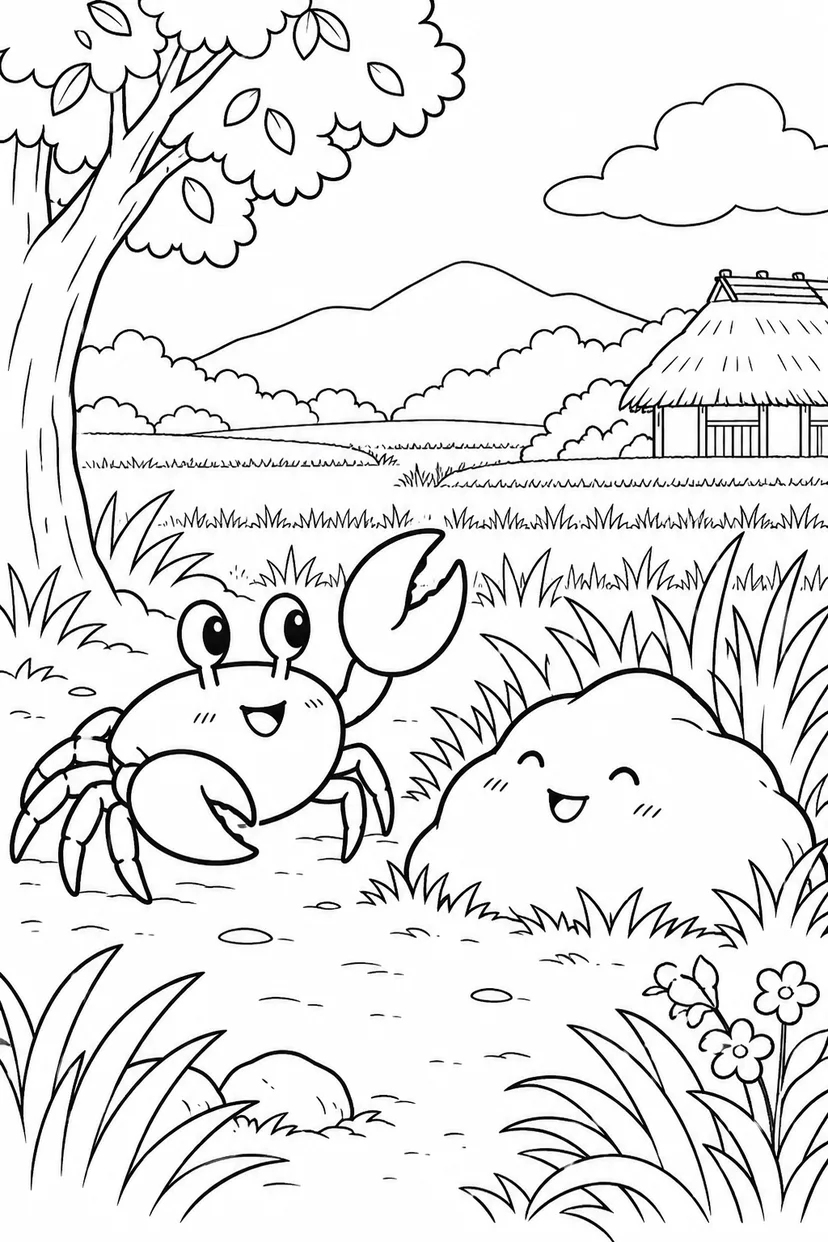 さるかに合戦 ほっこり：かにと牛ふんの仲間の塗り絵