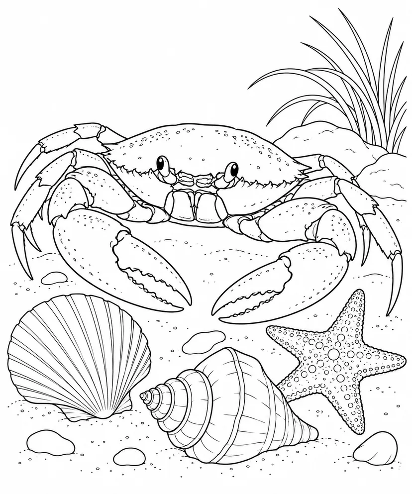 観察スケッチ：カニと浜辺の貝殻の塗り絵