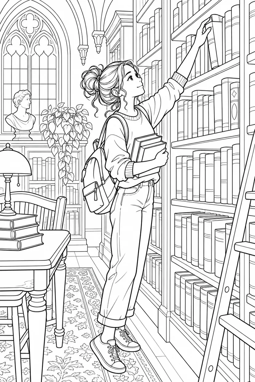 古い図書館で本を選ぶ学生の塗り絵
