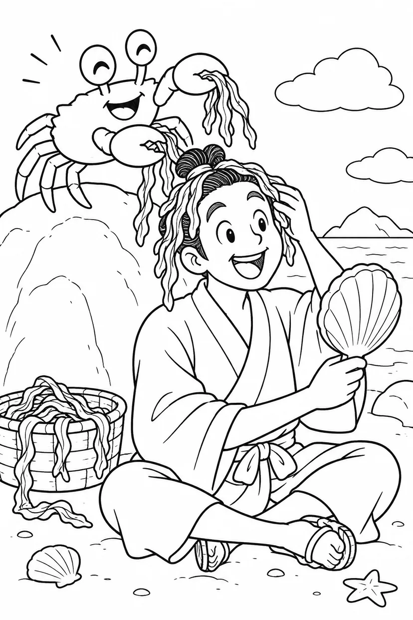 浦島太郎：カニ床屋の海藻ヘア（ギャグ）の塗り絵