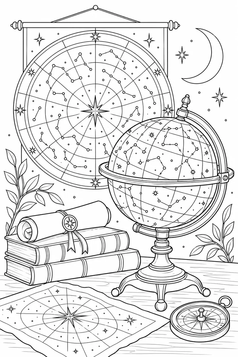 星図と真鍮の天球儀の塗り絵