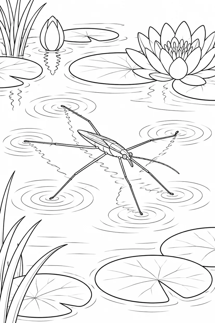 水面を滑るアメンボと波紋の塗り絵