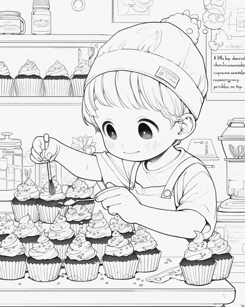 Gambar mewarnai Anak Laki-Laki Menghias Cupcake