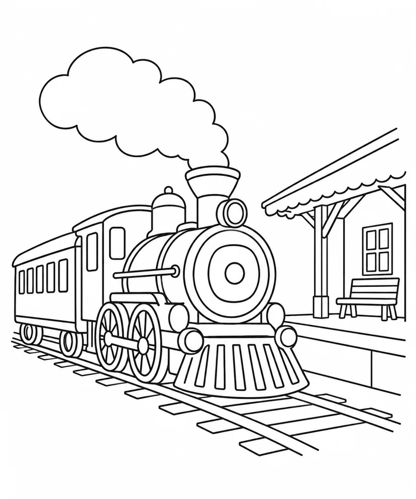 蒸気機関車と駅の塗り絵