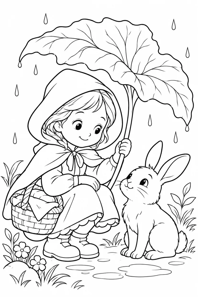 小红帽：在大叶子下避雨涂色页