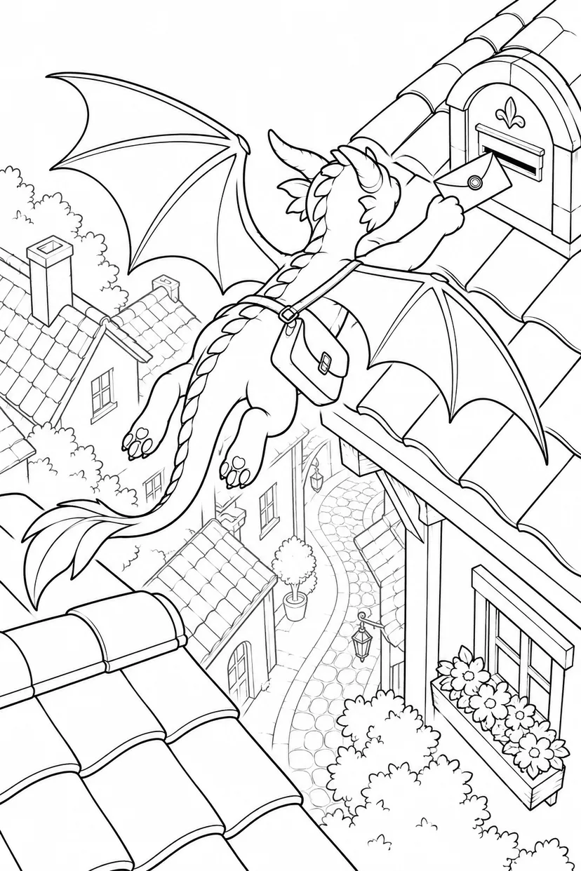屋根を跳ぶ竜の郵便屋の塗り絵