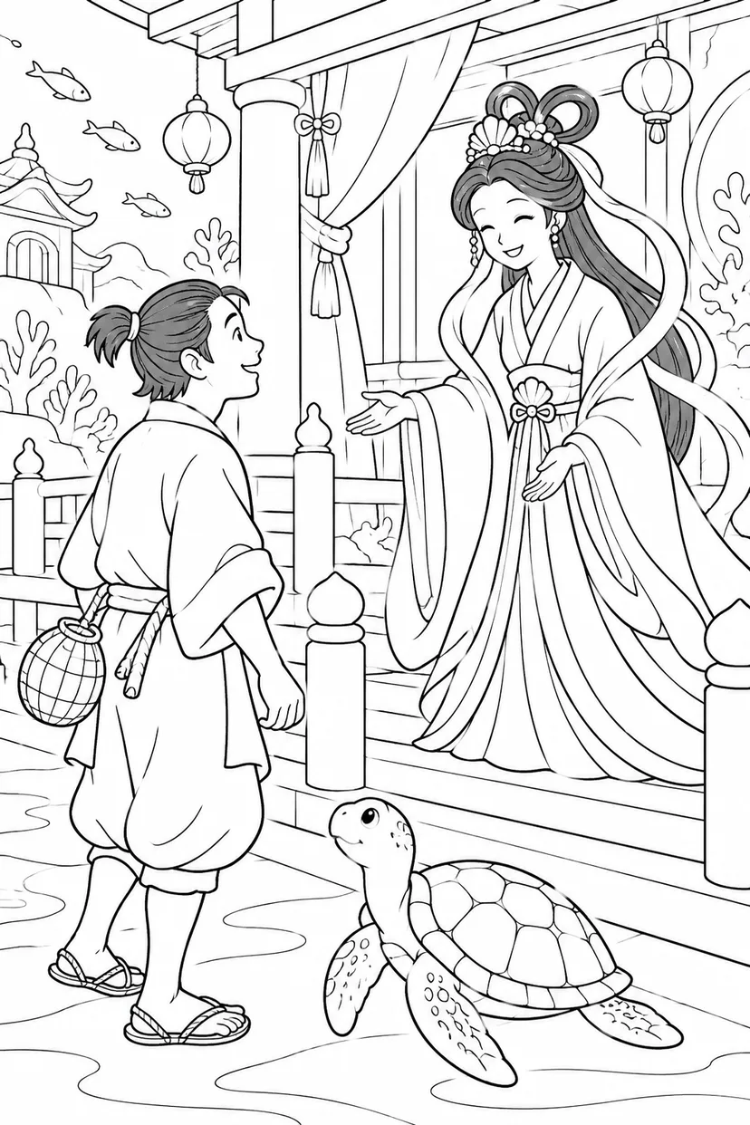 浦島太郎：乙姫のお出迎え（ほっこり）の塗り絵
