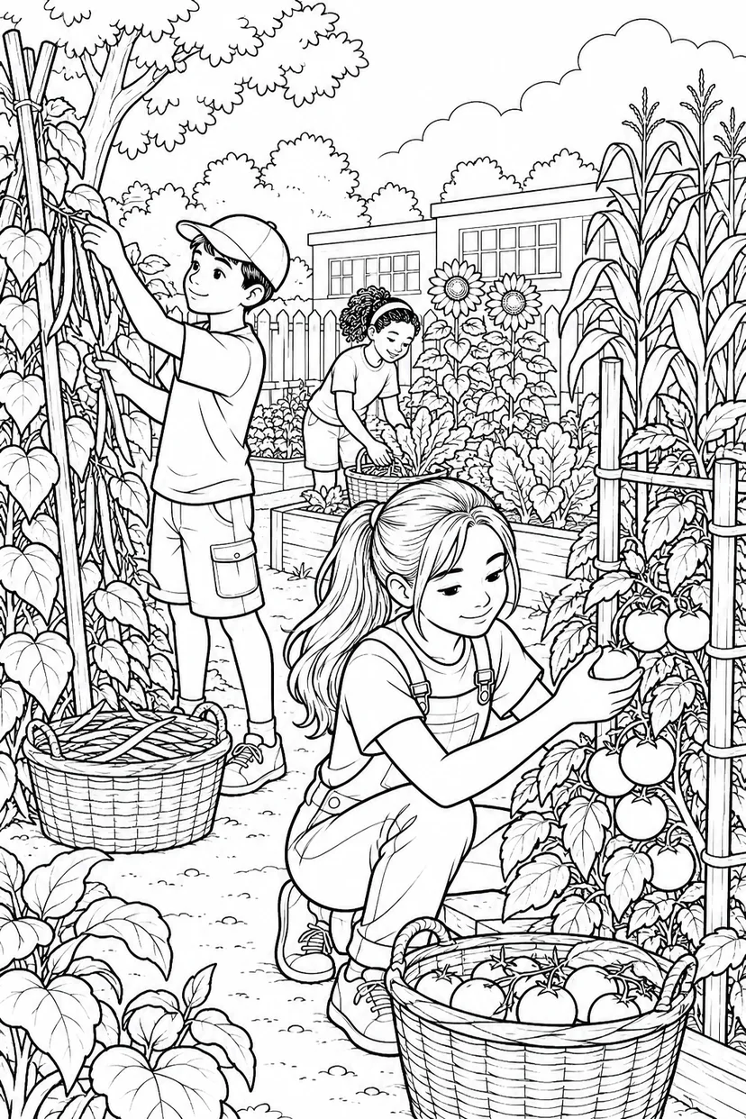 夏の学校の菜園づくりの塗り絵