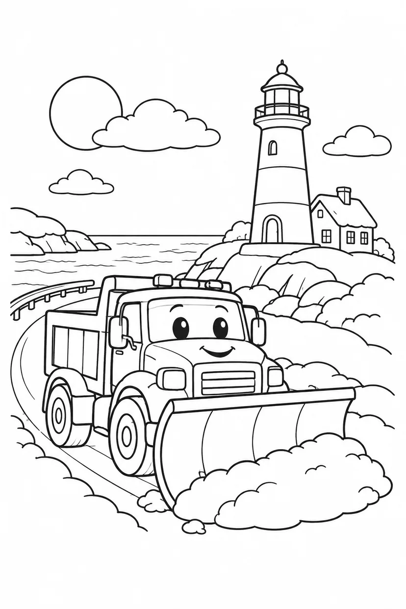 除雪車と海沿いの道の塗り絵
