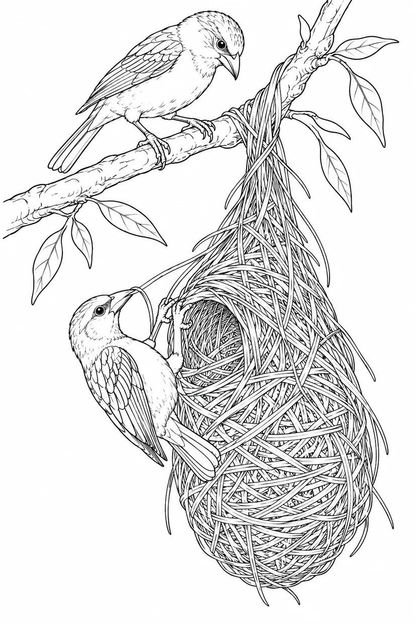 Coloriage Deux oiseaux tissant un nid