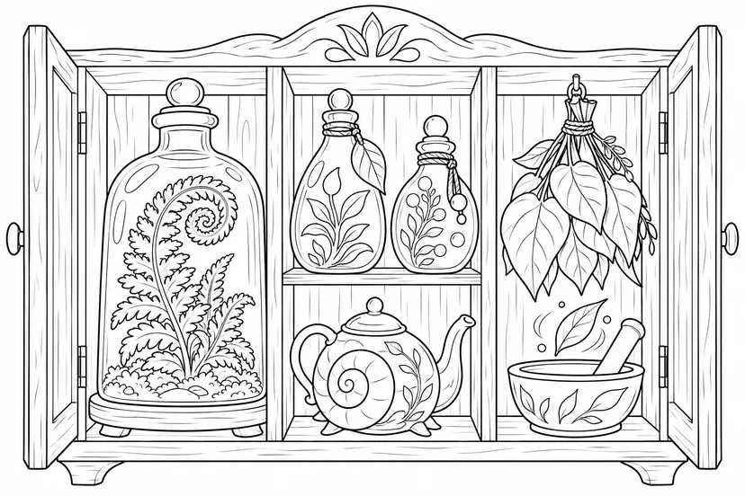 魔法の薬草店の棚の塗り絵