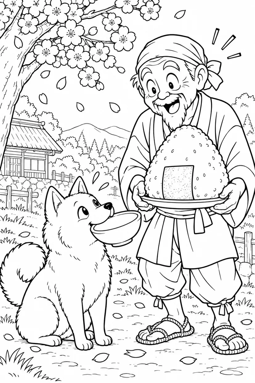 はなさかおじさん：空っぽ茶わんと大きなおにぎり（ギャグ）の塗り絵