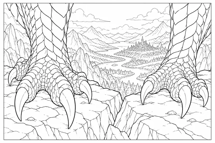 崖の縁に並ぶ竜の足の塗り絵